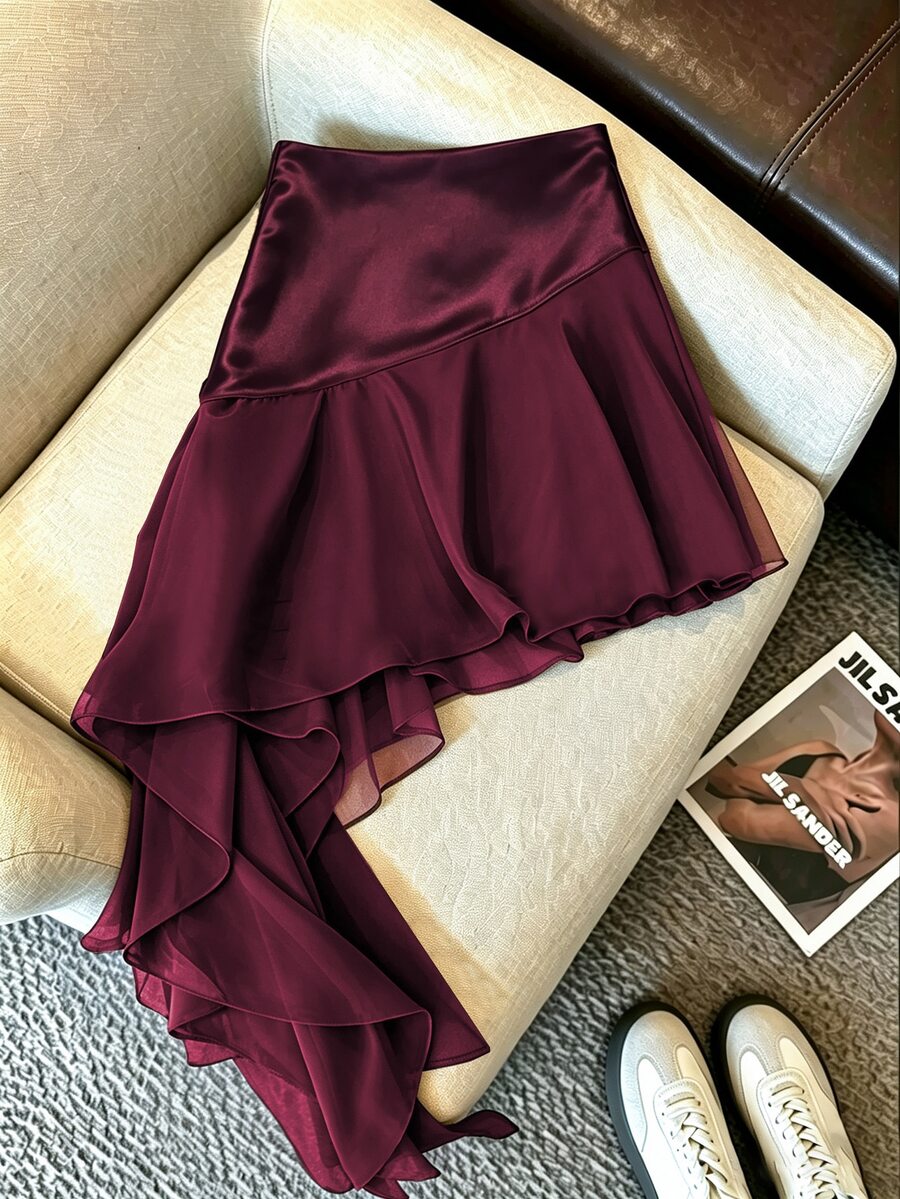 SHEIN EZwear Maillard 高端性感浪漫優雅風 不對稱拼接緞面緞帶裙 約會之夜 派對 秋季 新年 聖誕 - 酒紅色 - 查看 1