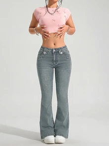 SHEIN PETITE 女款休閒日常旅行牛仔褲，附口袋與鈕扣設計 - 藍色 - 查看 6