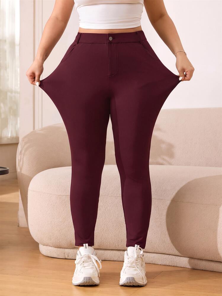 Solflare Plus Size Women's Elegant Slim Fit Long Pants, Spring/Summer - Burgundy - View 5