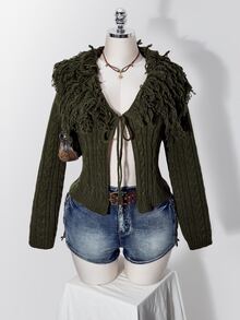 SHEIN ICON Plus Size Y2K Knit Top With Turn-Down Collar, Fur Trim And Tassel - Army Green - View 1
