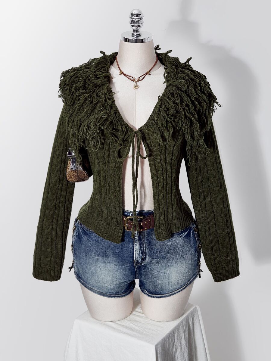 SHEIN ICON Plus Size Y2K Knit Top With Turn-Down Collar, Fur Trim And Tassel - Army Green - View 1