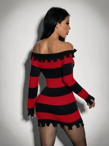 SHEIN ICON Gaun Rajut Kasual Wanita dengan Bahu Asimetris dan Kombinasi Warna, Kostum Halloween untuk Wanita - Merah dan hitam - View 2
