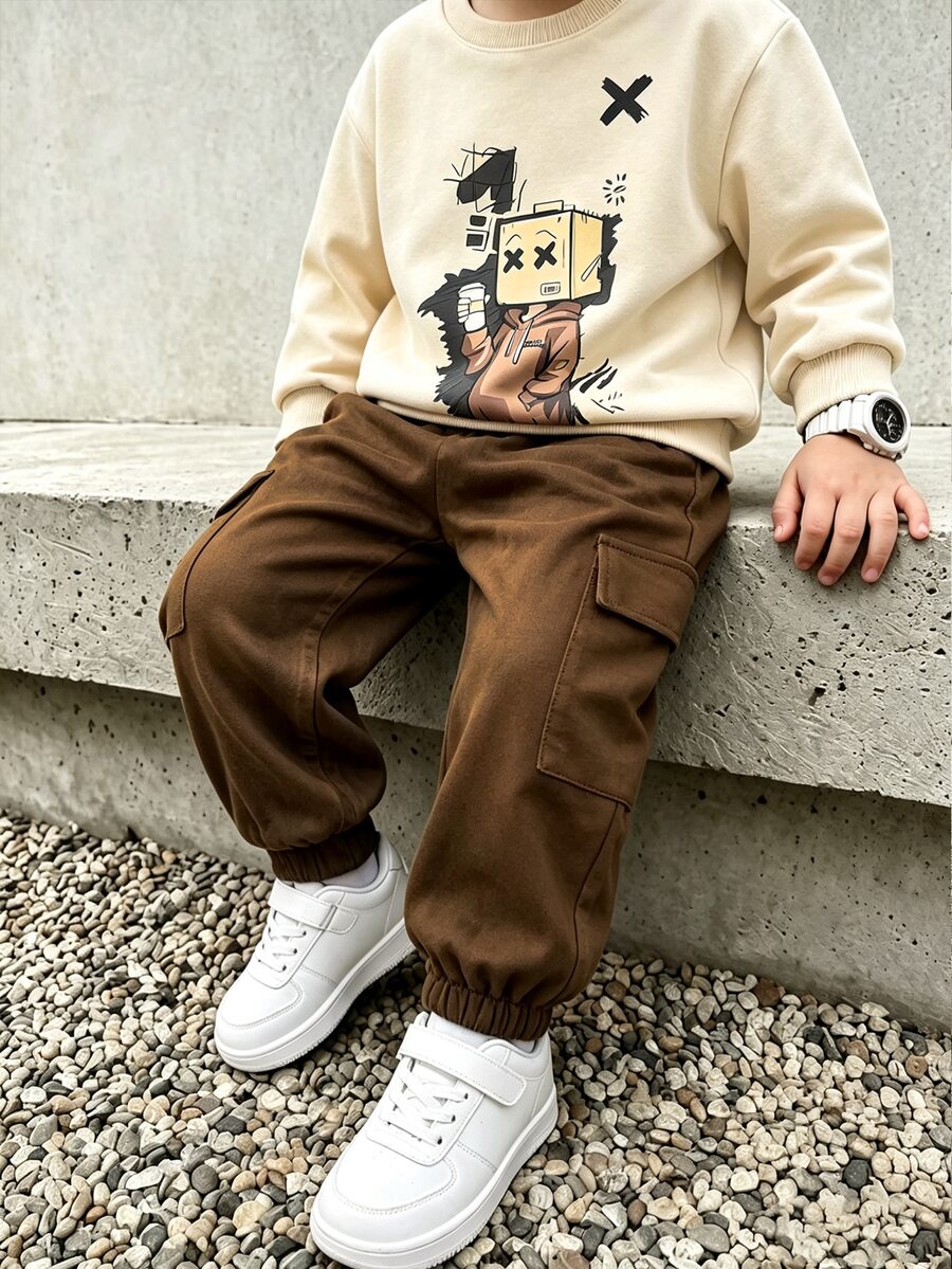Genkimix Kids 2件組小男孩休閒運動學院風街頭卡通角色印花衛衣+長褲,適合日常穿著、上學、外出、運動,春秋款,簡約優雅設計,舒適時尚,男孩衣櫥的實用風格之選 - 卡其色 - 查看 1