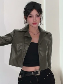 DAZY 秋冬橄欖綠街頭寬鬆休閒短版PU皮革機車夾克女款Y2K上衣 - 橄欖綠 - 查看 5