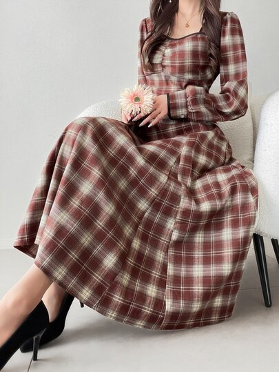FRIFUL Vestido feminino com decote coração, manga comprida e padrão xadrez