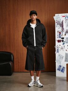 TOKVUE Men's Black Zip-Up Hoodie, Bold White Chunky Zipper Contrast Design For High Visibility, Loose Drop Shoulder Cut With Classic Kangaroo Pocket, Relaxed Fit For All Body Types, Minimalist Solid Base With Creative Zipper Detail, Street Style Versatile And Timeless, Suitable For Daily Commute, Casual Wear, Spring/Autumn Outerwear, And Winter Layering - Black - View 3