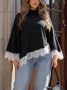 Vionelle Plus Size High Neck Loose Casual Shirt - Black - View 1