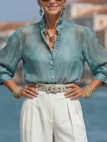 Linhara Plus Size Women's French Style Ruffle Collar Tencel Linen Shirt, Teal 3/4 Sleeve Blouse, Suitable For Commuting Vacation Brunch Office Summer Elegant - Teal Blue - View 3