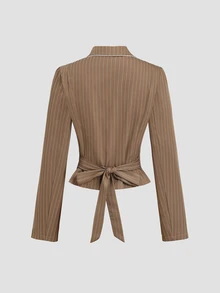 Sweetra Áo blazer nữ thanh lịch cài cúc, chiết eo, họa tiết kẻ sọc - Màu Khaki - Xem 2