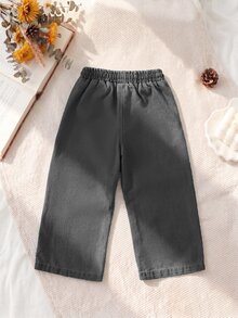 SHEIN Explorewe 女童牛仔褲，秋季新品，黑色，彈性腰帶抽繩設計，寬鬆版型，輕量柔軟牛仔布料製成，舒適親膚，適合四季穿著，日常穿搭、拍照、購物、外出、度假等多用途，2026新款女童牛仔褲 - 黑色 - 查看 2