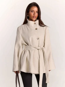SHEIN BAE Women's Minimalist Button High Neck Long Sleeve Jacket Streetwear - Apricot - View 1