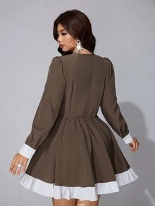 Viva Relle Plus Size Women Sweetheart Neck Long Sleeve Button Design Elegant Colorblock Dress - Mocha Brown - View 2