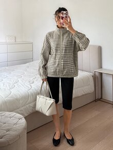 SHEIN EZwear Women's Regular Plaid Woven Jacket - Black and White - View 4
