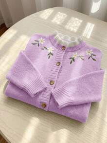 SHEIN 女童針織刺繡拼色立領休閒秋季開襟衫 - 紫色 - 查看 1