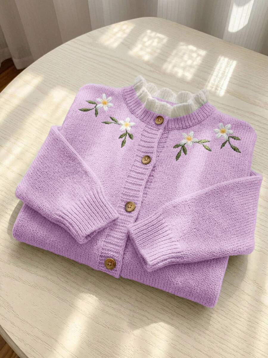 SHEIN 女童針織刺繡拼色立領休閒秋季開襟衫 - 紫色 - 查看 1