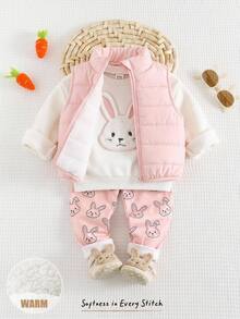 Cozy Pixies 3件組女嬰休閒舒適百搭可愛兔子刺繡圓領加厚抓絨棉背心外套附鬆緊腰長褲套裝，秋冬可愛滑雪、外出、日常、玩耍、假日穿搭 - 彩色 - 查看 8