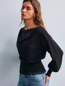 Willow Rêve كنزة نسائية سوداء من الدانتيل بتصميم رقعات وياقة منسدلة - الأسود - مشاهدة 5