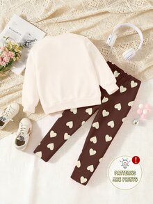 Baby Girls Bear Cartoon Sweatshirt & Lace Trim Leggings Set, Heart Print, Cream & Brown (2 Pcs) Fall Winter - Multicolor - View 2