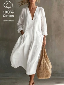 SHEIN 100% Cotton Beige V-Neck Loose Long Dress - White - View 1