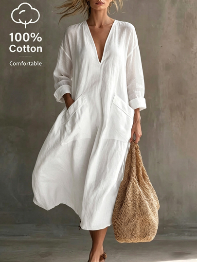 SHEIN 100% Cotton Beige V-Neck Loose Long Dress