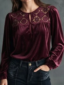 EMERY ROSE Plus Size Women's Round Neck Long Sleeve Hollow Embroidery Patchwork Embroidered Simple Casual Versatile Top - Burgundy - View 1