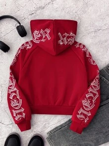 SHEIN 青少年女孩哥德風字母水鑽裝飾短版拉鍊連帽衛衣，秋冬長袖上衣，畢業穿搭，開學穿搭 - 紅色 - 查看 2