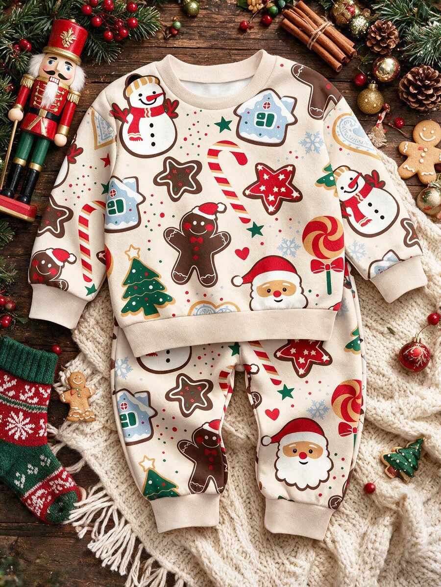Infant Toddler Round Neck Long Sleeve Long Pants Casual Comfortable Set, Classic Christmas Snowflake Pattern Print, Classic Cartoon Cute Reindeer Santa Claus Pattern Print, Merry Christmas Text Pattern Print, Classic Christmas Snowflake Pattern Print, Classic Cute Cartoon Hand-Drawn Gingerbread Man Pattern Print, Suitable For Autumn/Winter, Suitable For Christmas - Multicolor - View 1