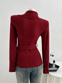 Elamini Women's Deep Brown Oversized Lapel Cross-Waist Tie-Up Sweater, Hot Girl Style - Burgundy - View 2