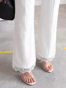 Editum 女款純色高腰對比蕾絲優雅喇叭褲 - 白色 - 查看 8