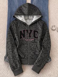 SHEIN 女童青少年秋冬休閒街頭 Y2K 深灰色豹紋字母英文標語印花連帽前開襟拉鍊貼袋長袖運動外套夾克修身休閒款 - 深灰色 - 查看 1