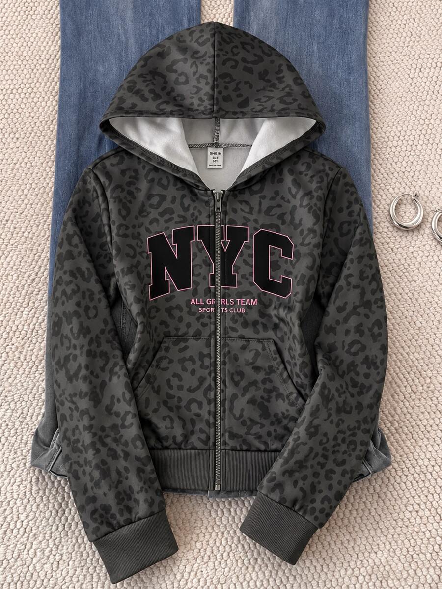 SHEIN 女童青少年秋冬休閒街頭 Y2K 深灰色豹紋字母英文標語印花連帽前開襟拉鍊貼袋長袖運動外套夾克修身休閒款 - 深灰色 - 查看 1