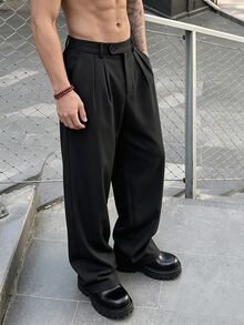 SLATEMANN Men's Black Plus Size Long Pants, Multi-Belt Loop Design, Loose Casual Minimalist Versatile Straight Leg Dress Pants - Black - View 3