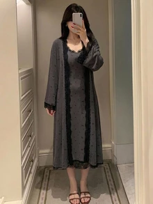 DAZY Lace Patchwork Camisole Long Dress Cardigan Long Robe Women's Pajama Set - Dark Grey - View 5