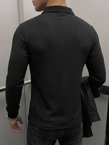 DAZY 男士長袖黑色 Polo 領修身通勤針織上衣，彈性面料，春秋款 - 黑色 - 查看 2