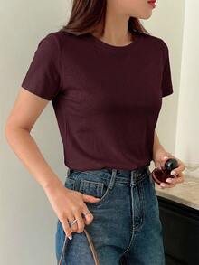 DAZY Women's Solid Color Round Neck Casual Versatile Short Sleeve T-Shirt - Burgundy - View 1