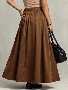 Linhara CURVE Rok Payung Model A-Line Pinggang Reguler Ukuran Plus untuk Wanita dengan Potongan Patchwork dan Gesper Dekoratif, Panjang Sedang, Rok Komuter - Coklat - View 2