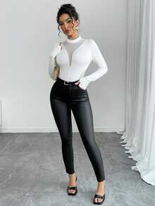 SHEIN Raffinéa 女款時尚透視網紗拼接長袖手指孔連身衣 - 白色 - 查看 8