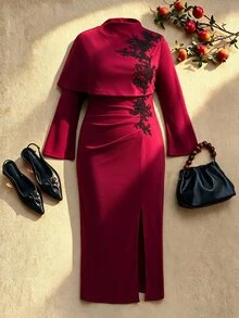 EastFlair Plus Size Women's Elegant 2 Pieces Set With Stand Collar Applique Decorated Shawl And Split Hem Dress - Burgundy - View 6