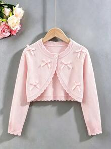 SHEIN Tween Girl Sweet Bow Decor Button Knit Cardigan - Pink - View 4