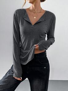 SHEIN BASICS Women's Solid Color Casual Versatile Daily Long Sleeve T-Shirt - Grey - View 5
