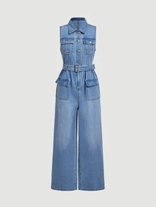 LUMIGAL Dam-denimjumpsuit med knäppning fram, fickor och vida ben, hot girl-stil - Blå - Visa 3