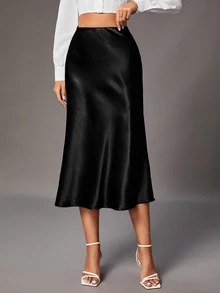 SHEIN Tall 女款純色優雅高腰魚尾裙 - 黑色 - 查看 1