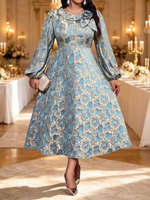 Fleurora Plus Size Women's Jacquard 3D Floral Decor Lantern Sleeve Elegant Dress - Blue - View 1