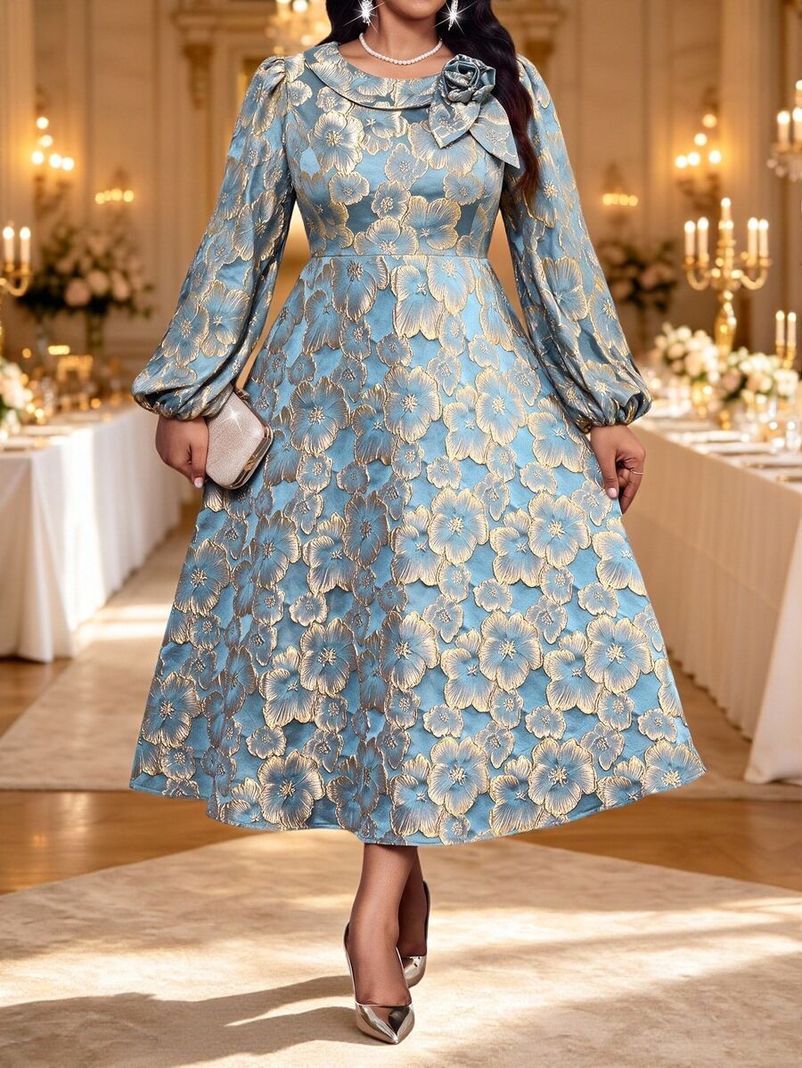 Fleurora Plus Size Women's Jacquard 3D Floral Decor Lantern Sleeve Elegant Dress - Blue - View 1