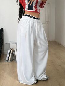 Coolane Plus Size Casual Drawstring Waist Pocket Loose Pants - White - View 5