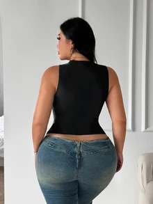 SHEIN SXY Plus Size Women Solid Color Contrast Mesh Fitted Sexy Tank Top - Black - View 2