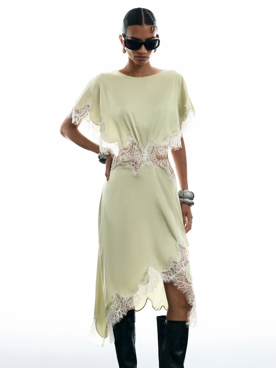 LYSMO Women's Contrast Lace Round Neck Batwing Short Sleeve Asymmetric Hem Elegant Midi Dress - Green - View 1