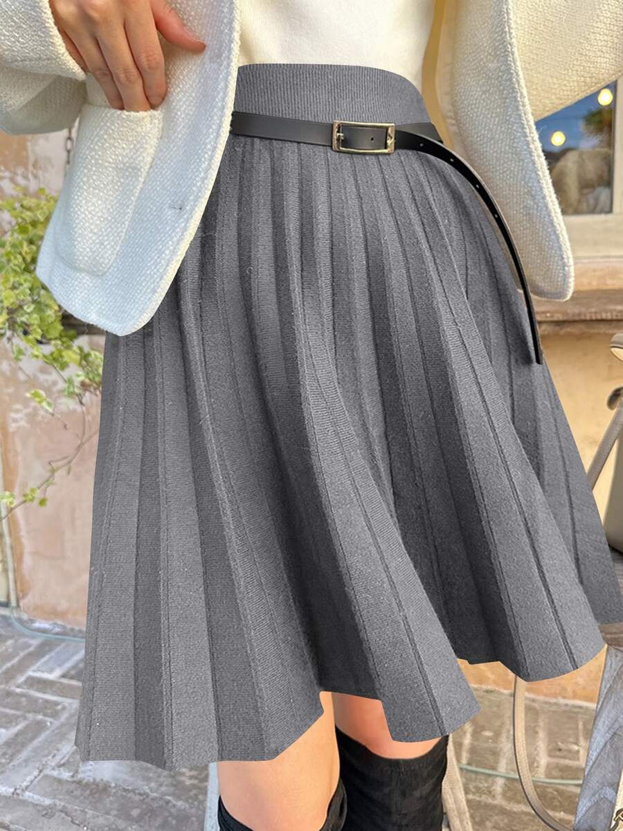 DAZY Women's Solid Color Elastic Waist Casual Pleated Knit Skirt - Grey - View 1