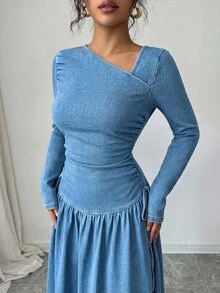 GlowEve Women's Fashion Asymmetrical Neckline Ruched Denim Dress - Blue - View 4