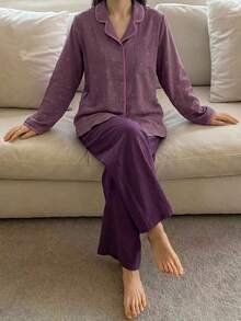 DAZY 2pcs/Set Women's Bow Print Lapel Cardigan Long Sleeve Top & Straight Leg Long Pajama Pants Sleepwear Set - Purple - View 4